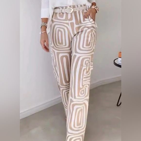Women’s Flowy Palazzo Pants Sz M Tan And White Geometric Pattern With Pockets - Picture 10 of 12